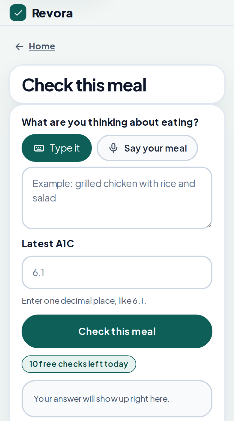 The Revora check screen on a phone: one box to describe the meal, one field for your latest A1C, and a button to check it.